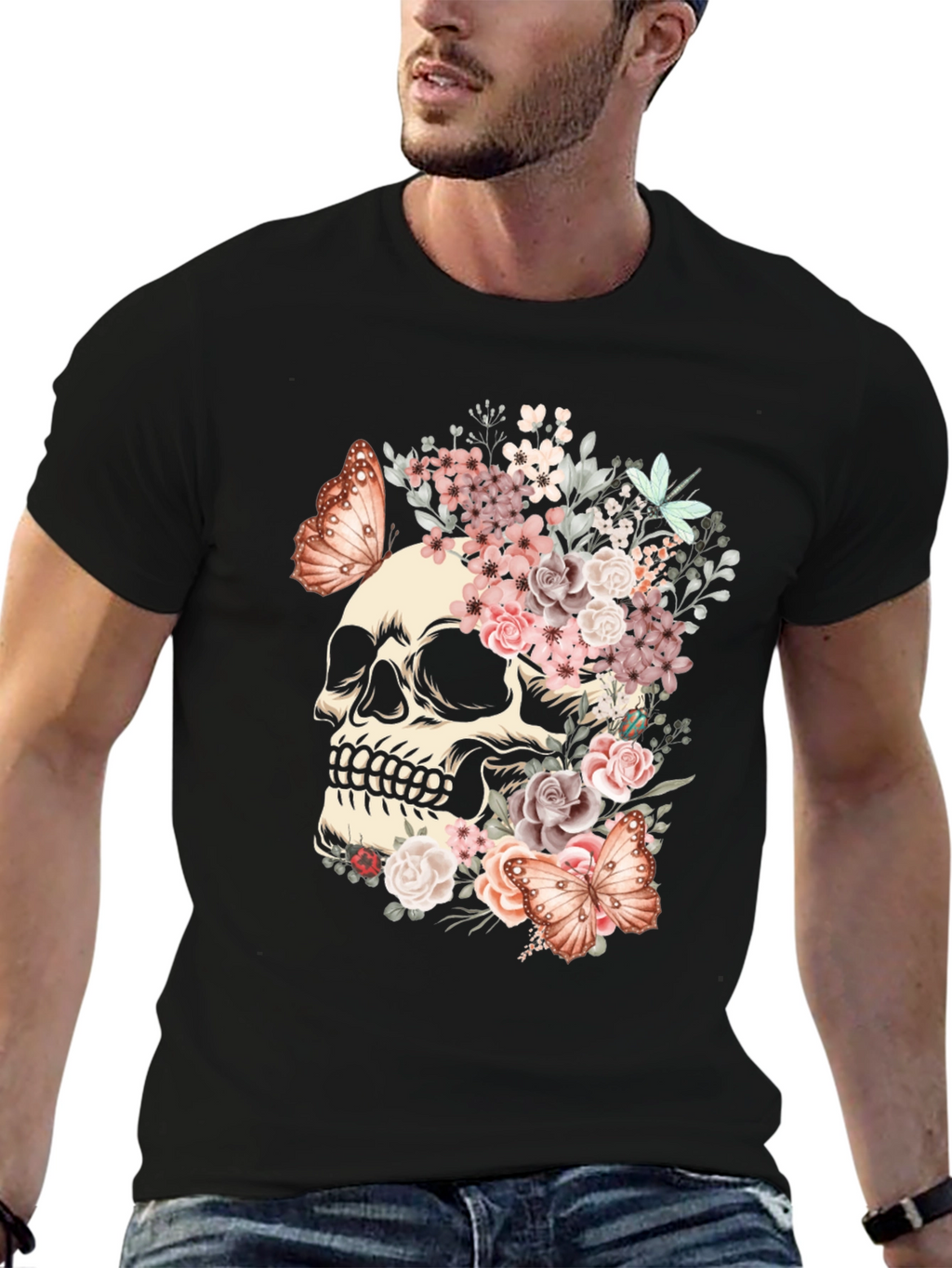 Floral Skull Butterfly Graphic T-Shirt