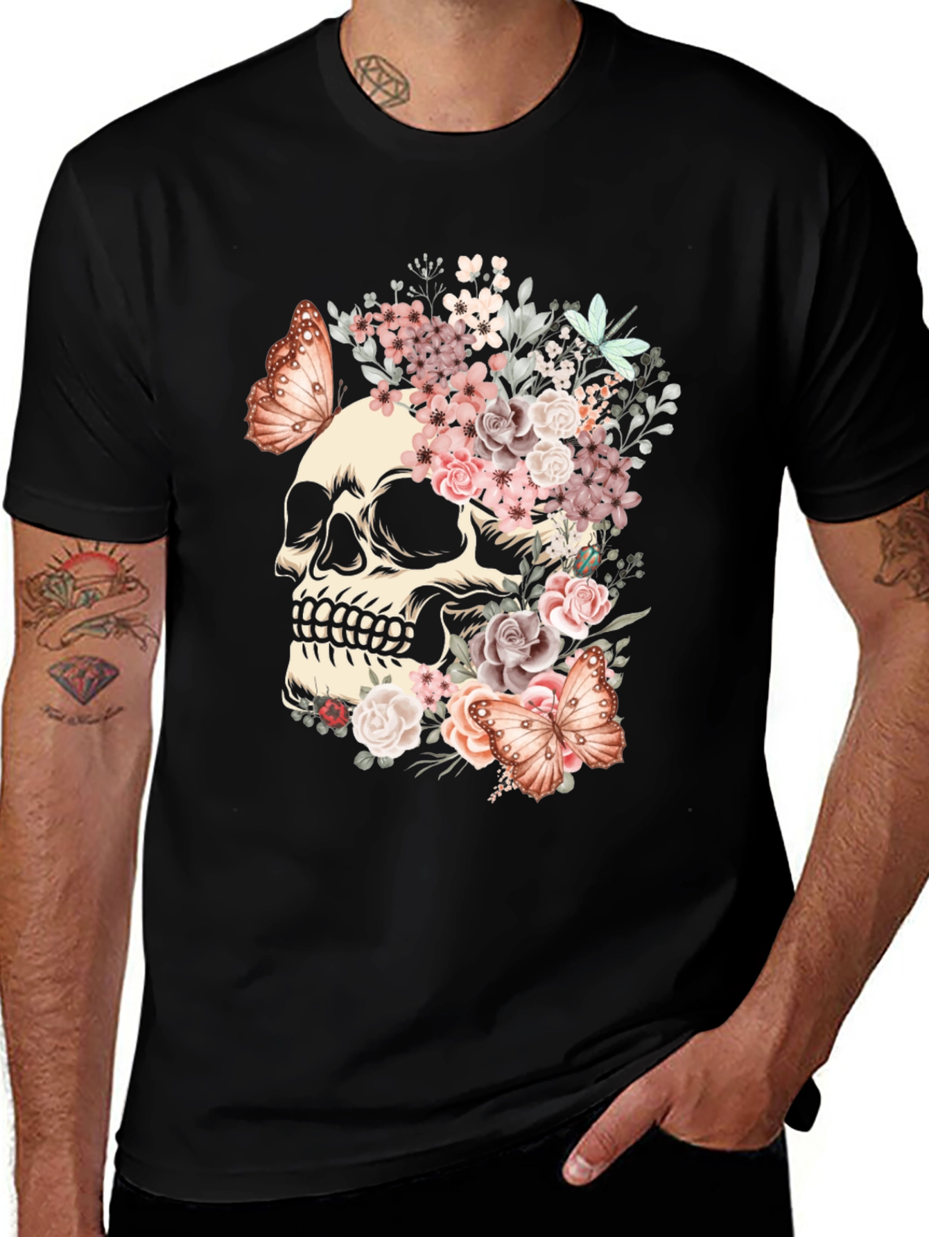 Floral Skull Butterfly Graphic T-Shirt
