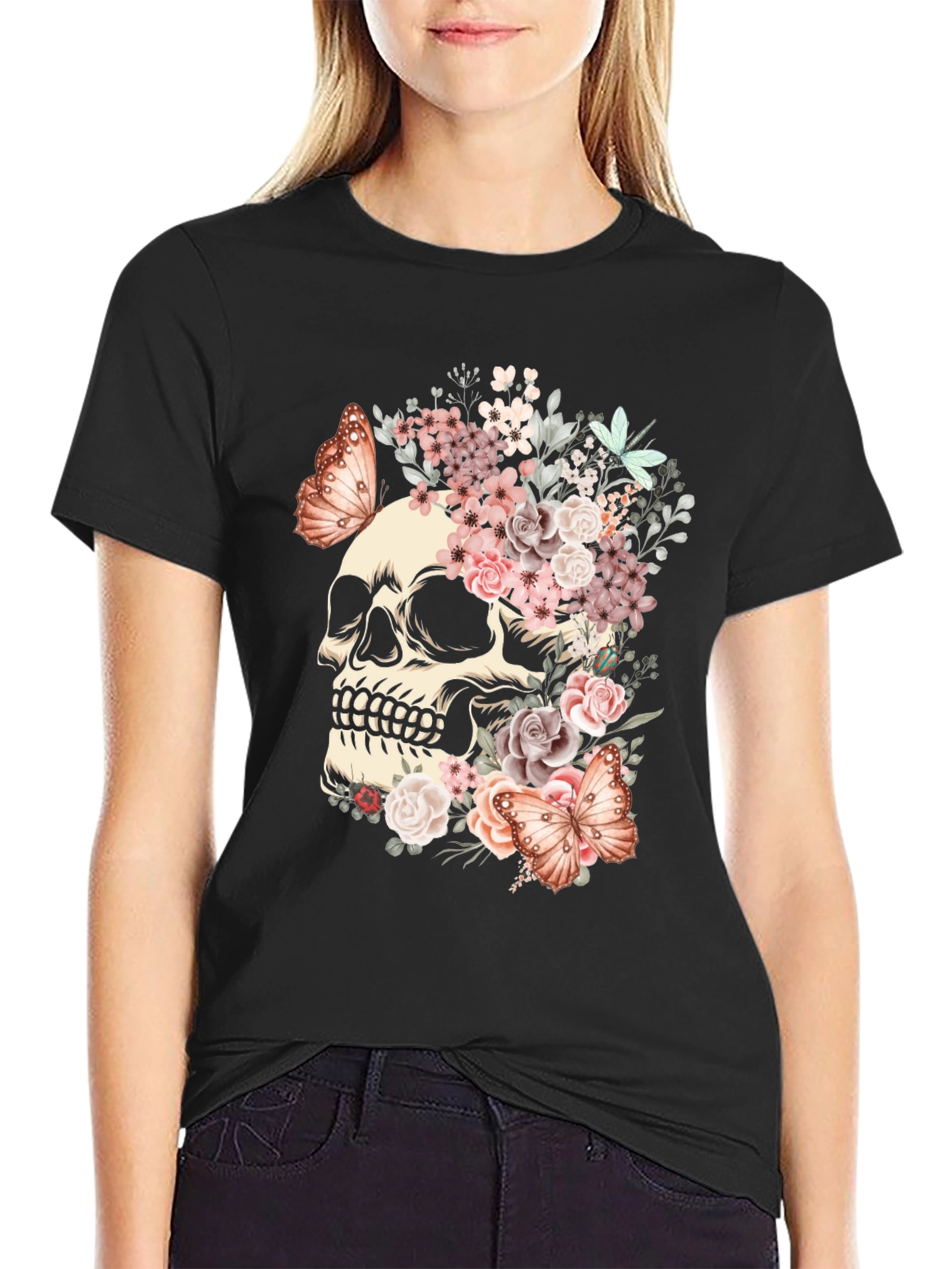 Floral Skull Butterfly Graphic T-Shirt