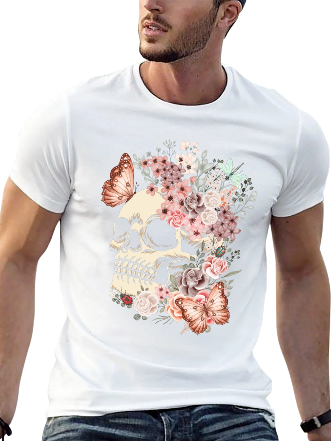 Floral Skull Butterfly Graphic T-Shirt
