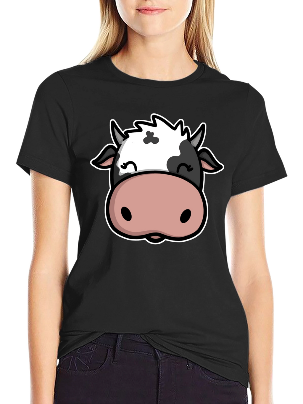 Cute Cow Graphic Print Black T-Shirt