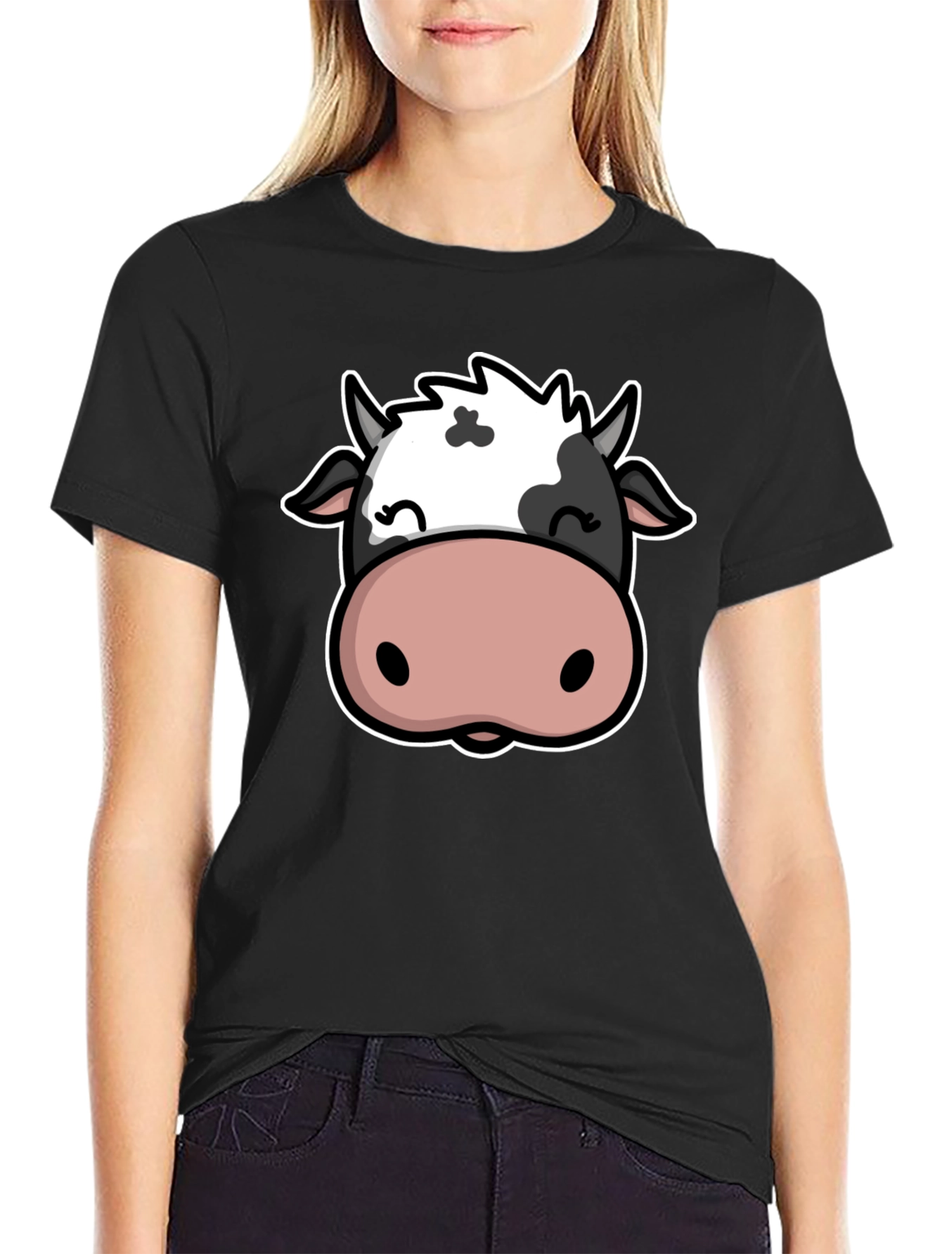 Cute Cow Graphic Print Black T-Shirt