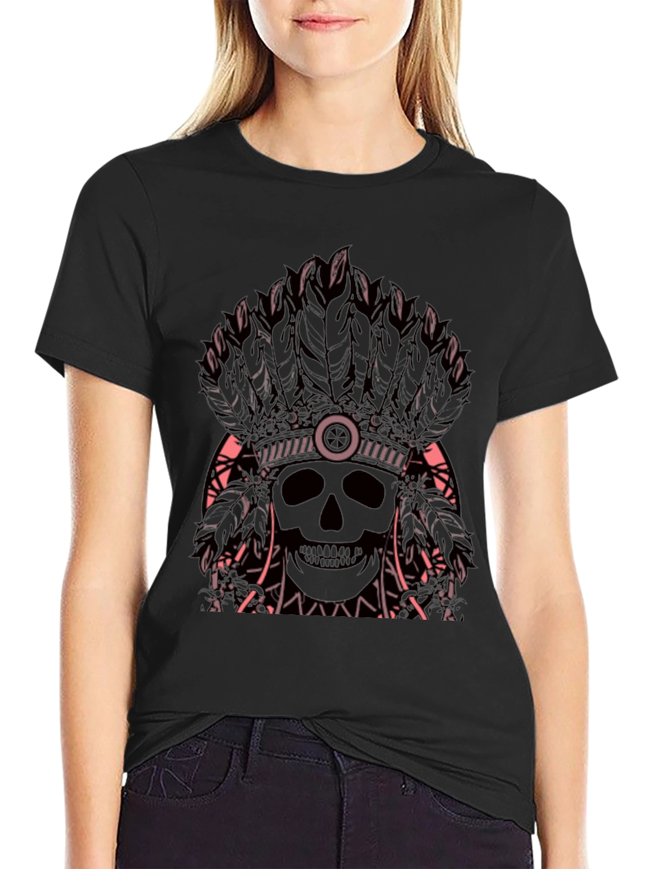 Skull Headdress Graphic Tee - Edgy Black T-Shirt