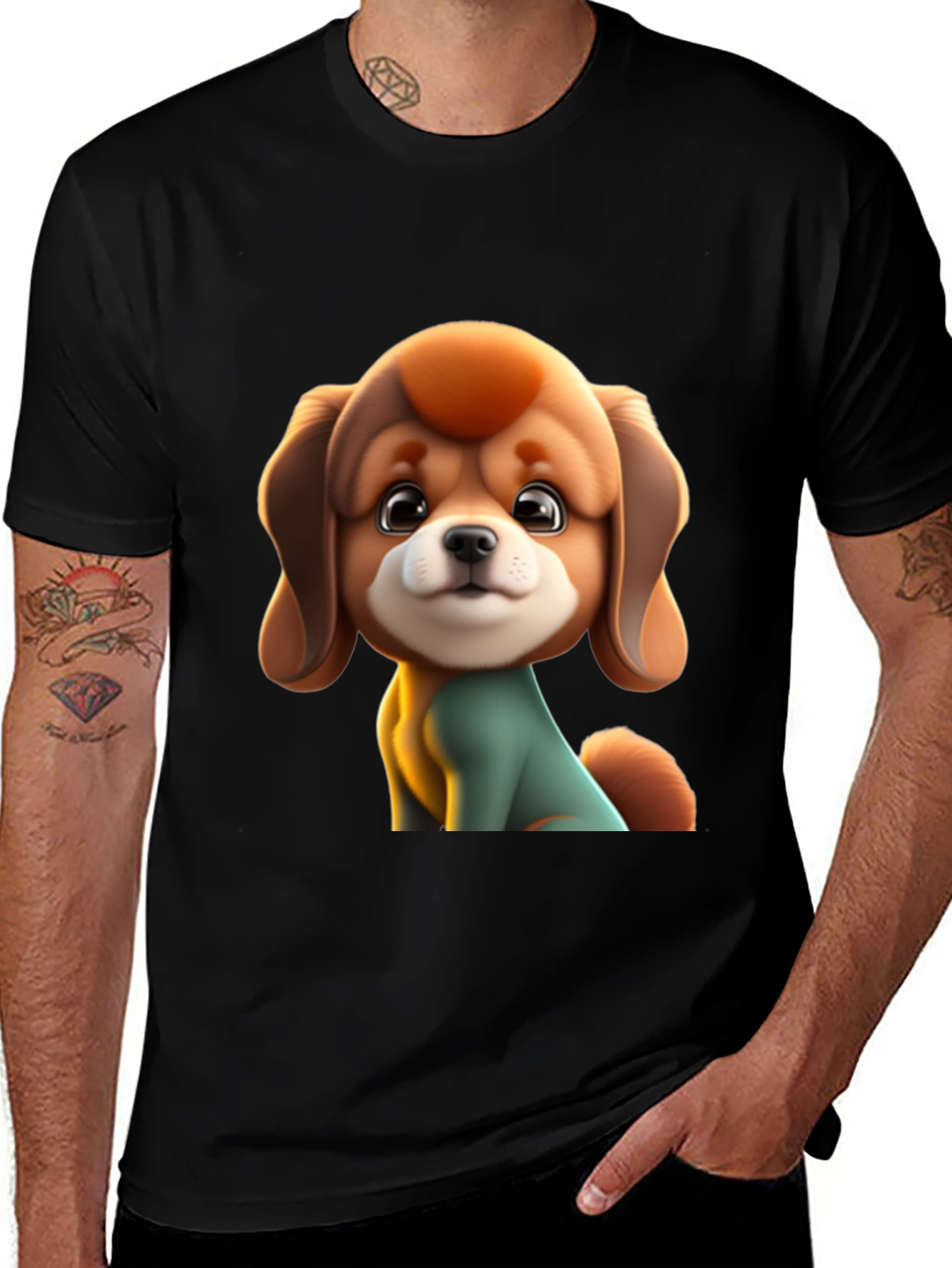 Cute Cartoon Dog Graphic Black T-Shirt