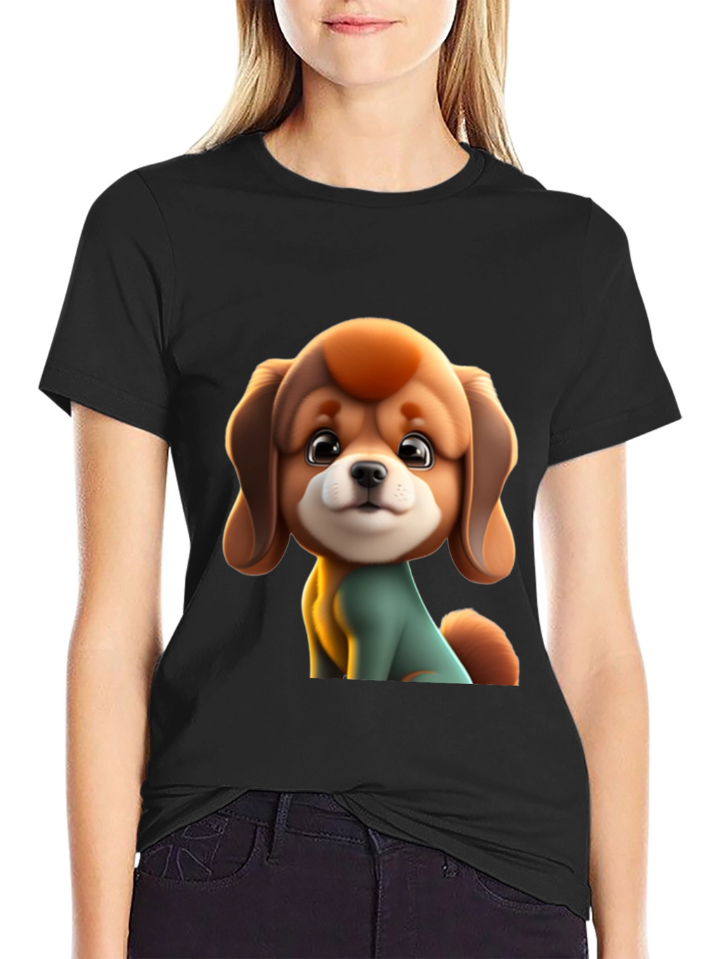 Cute Cartoon Dog Graphic Black T-Shirt