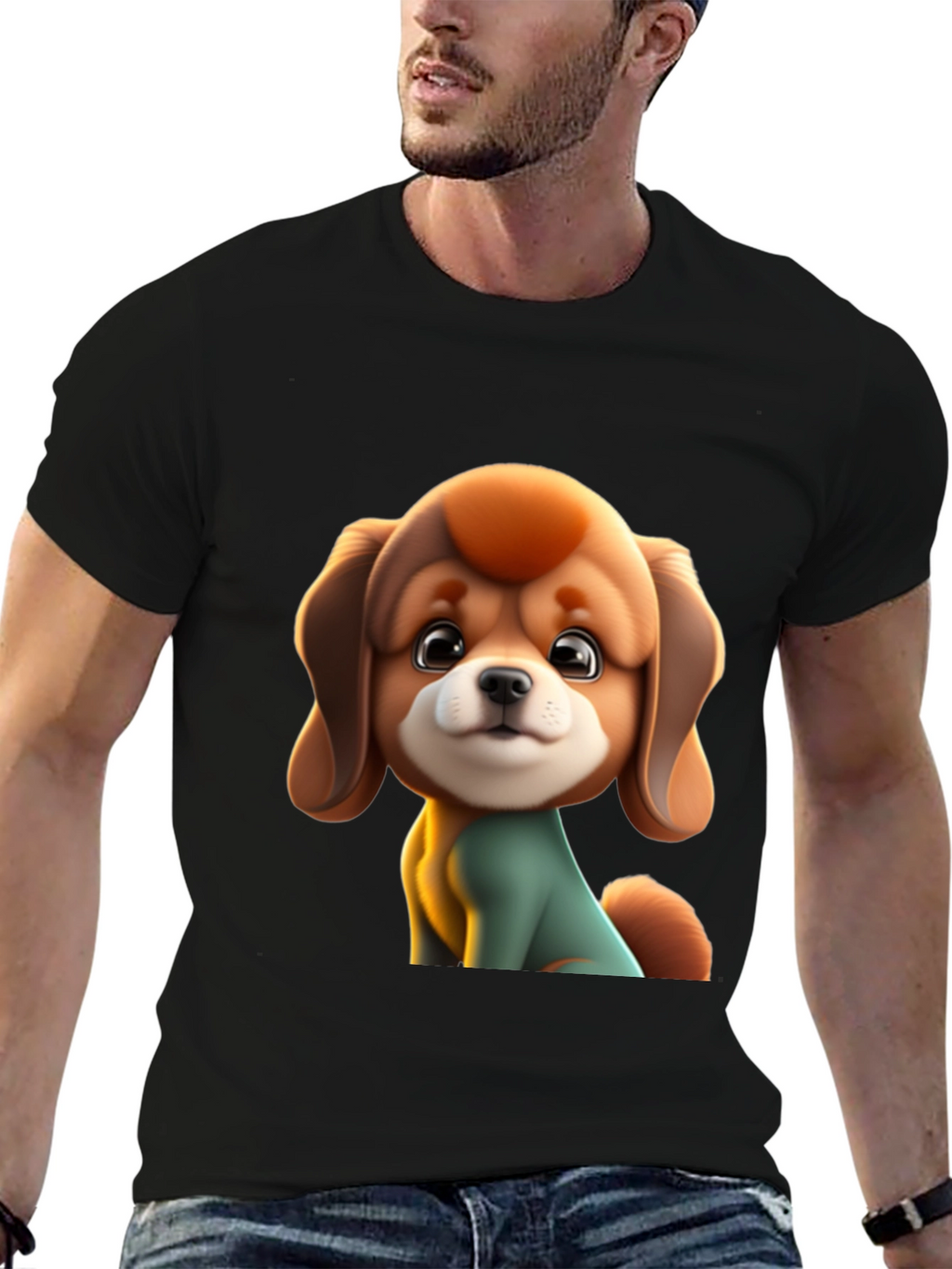 Cute Cartoon Dog Graphic Black T-Shirt