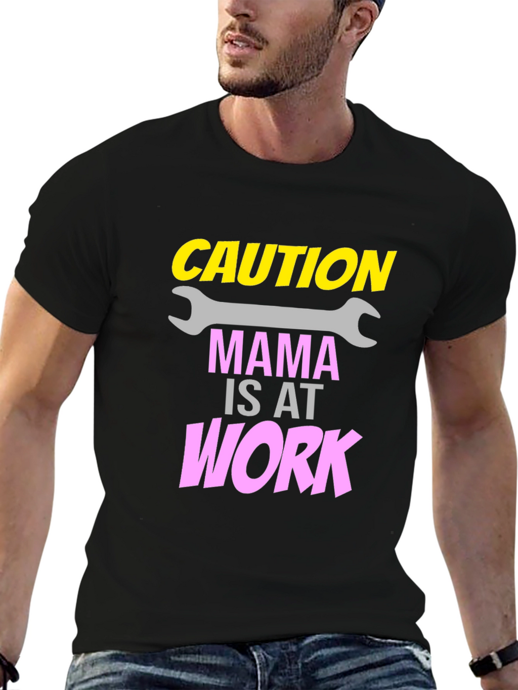 Caution Mama at Work Black Graphic Tee