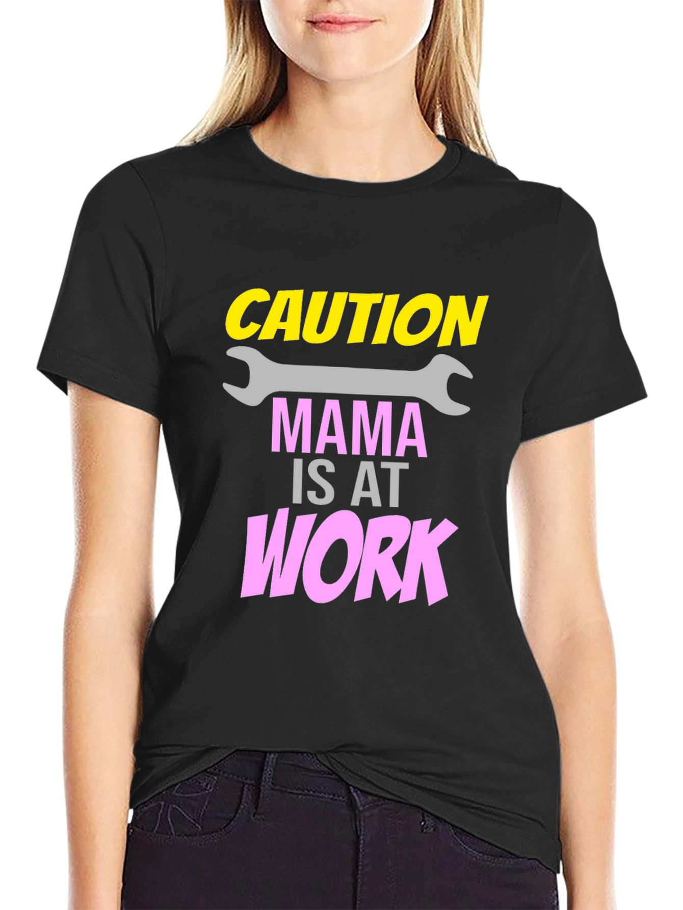 Caution Mama at Work Black Graphic Tee