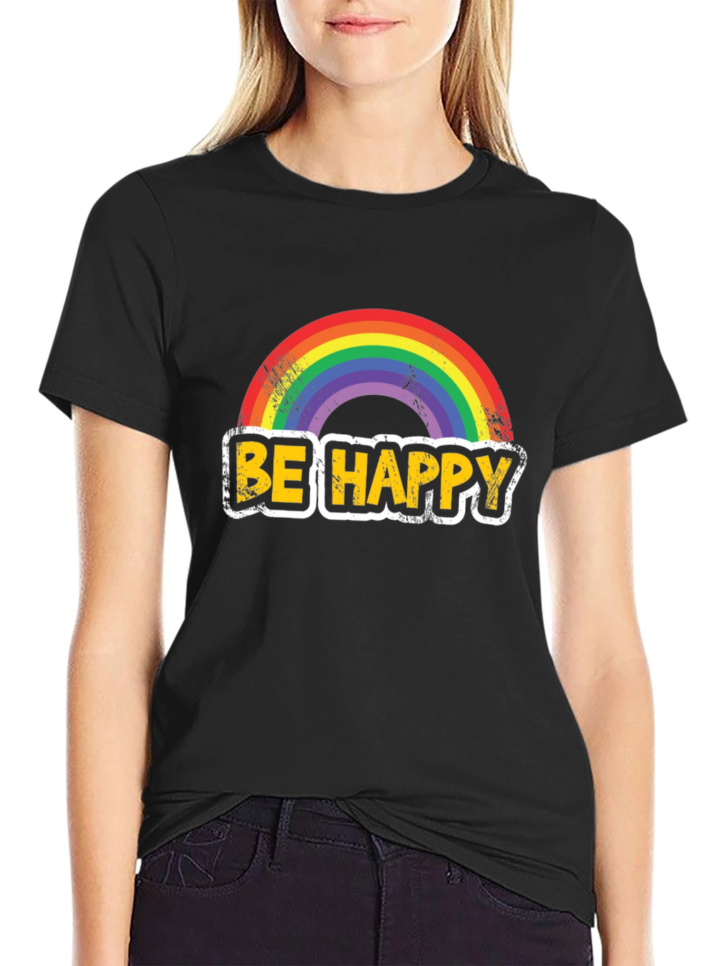 Be Happy Rainbow Graphic T-Shirt - Mens Black Tee