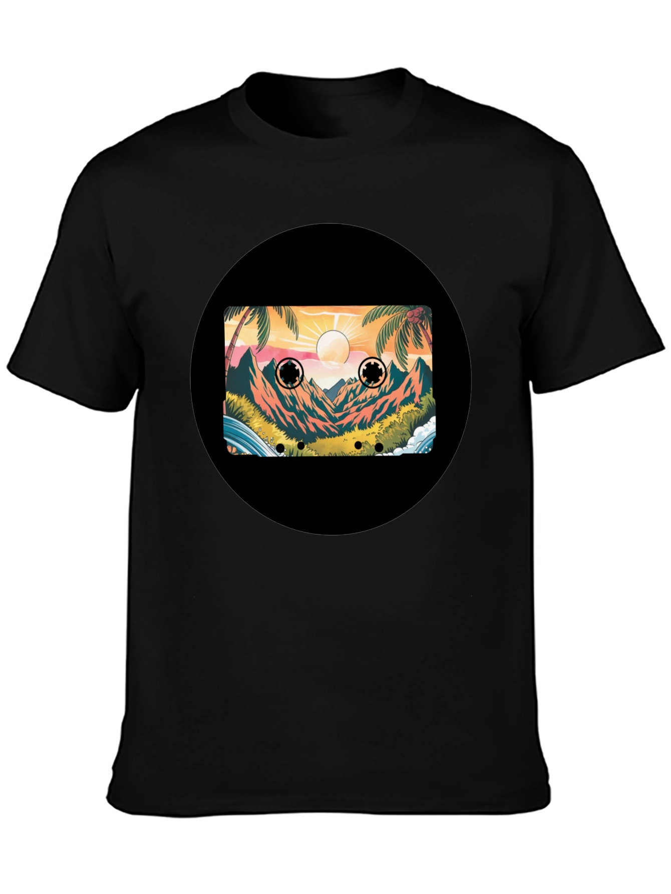 Retro Cassette Tape Beach Scene Black T-Shirt