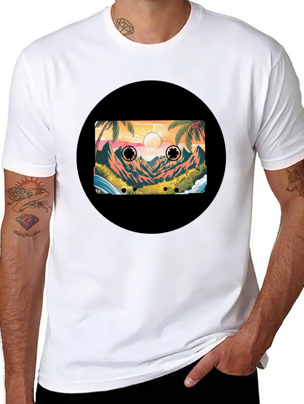 Retro Cassette Tape Beach Scene Black T-Shirt