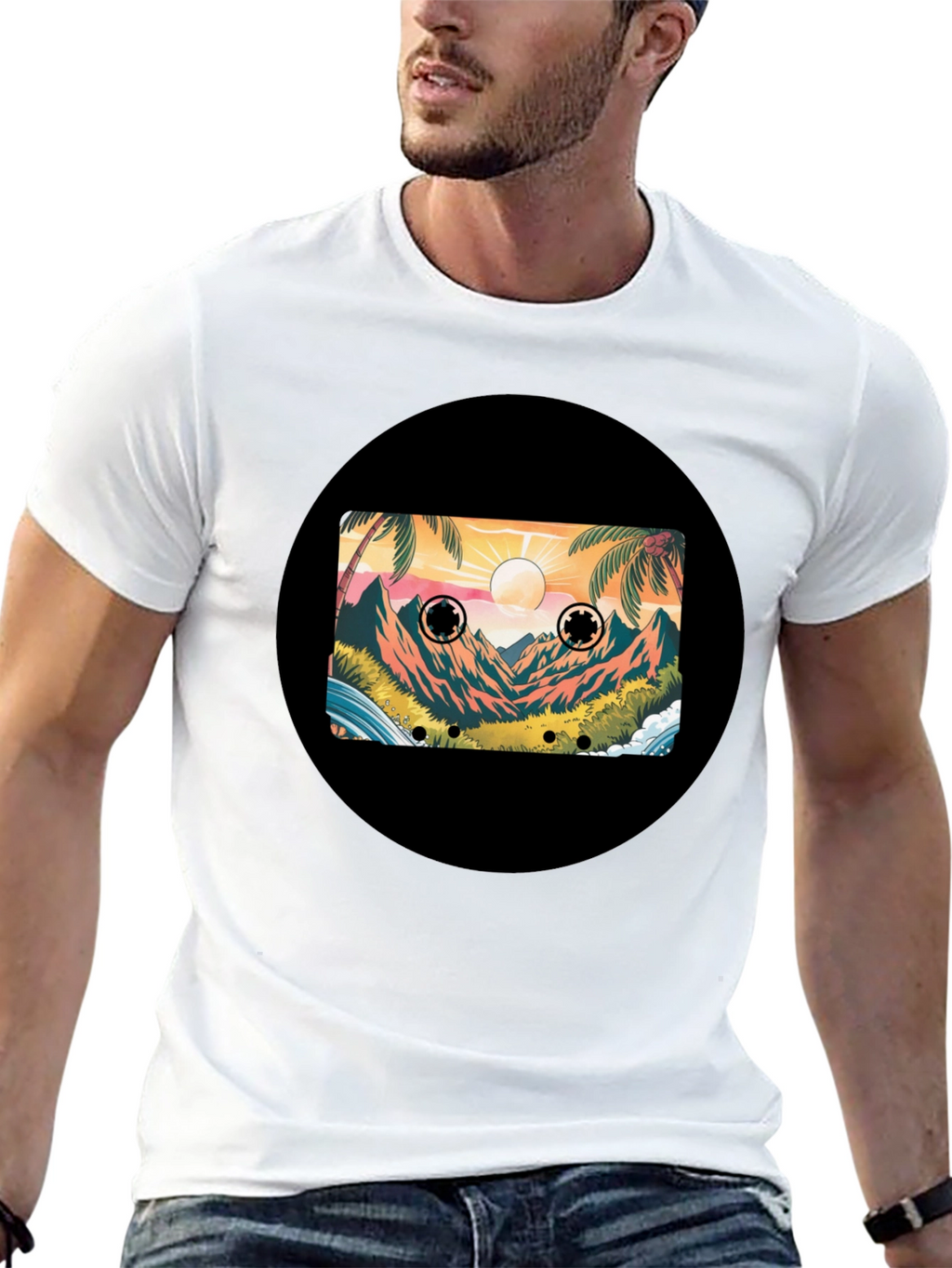 Retro Cassette Tape Beach Scene Black T-Shirt