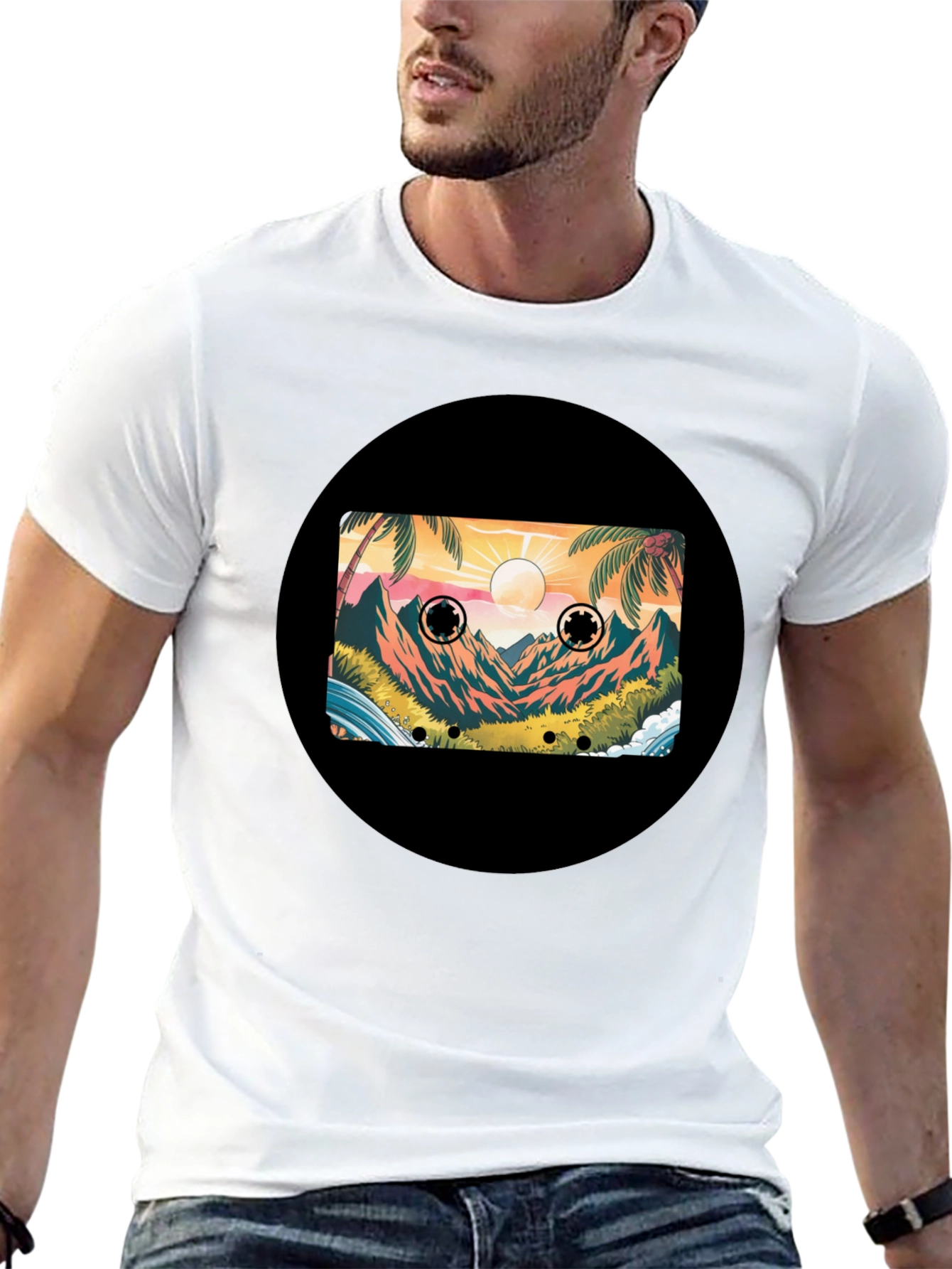 Retro Cassette Tape Beach Scene Black T-Shirt