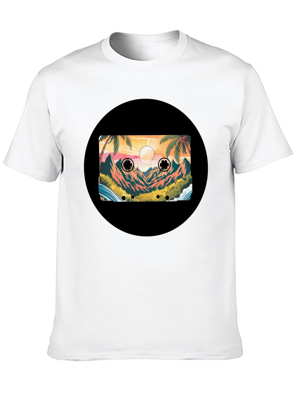 Retro Cassette Tape Beach Scene Black T-Shirt