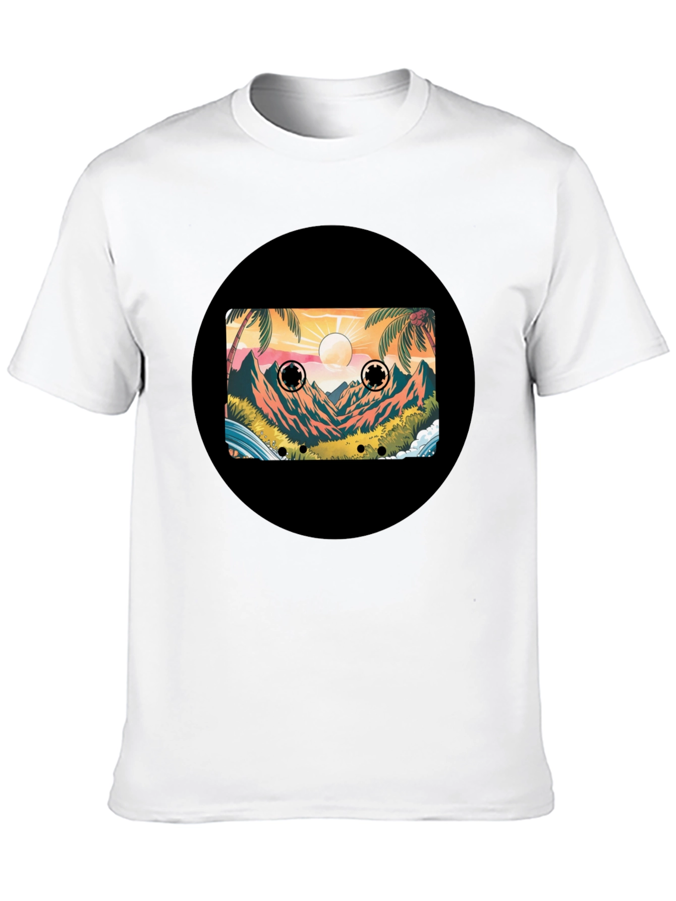 Retro Cassette Tape Beach Scene Black T-Shirt