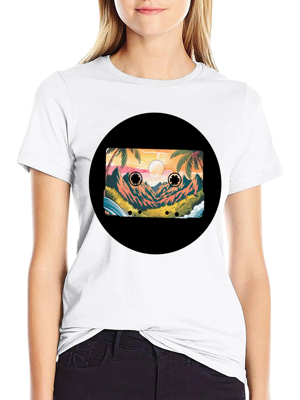 Retro Cassette Tape Beach Scene Black T-Shirt
