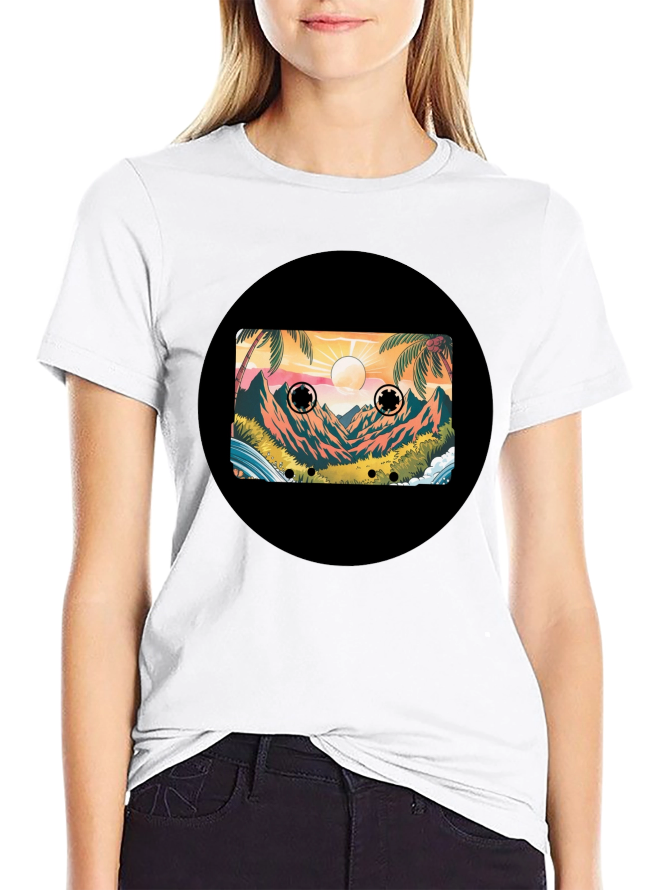 Retro Cassette Tape Beach Scene Black T-Shirt