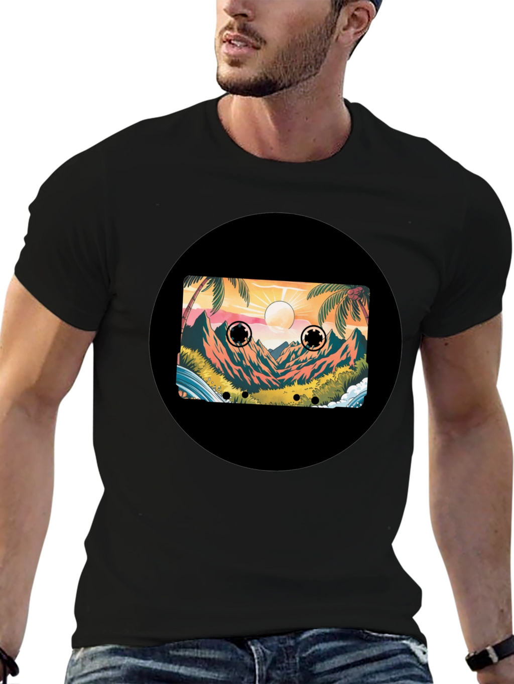 Retro Cassette Tape Beach Scene Black T-Shirt