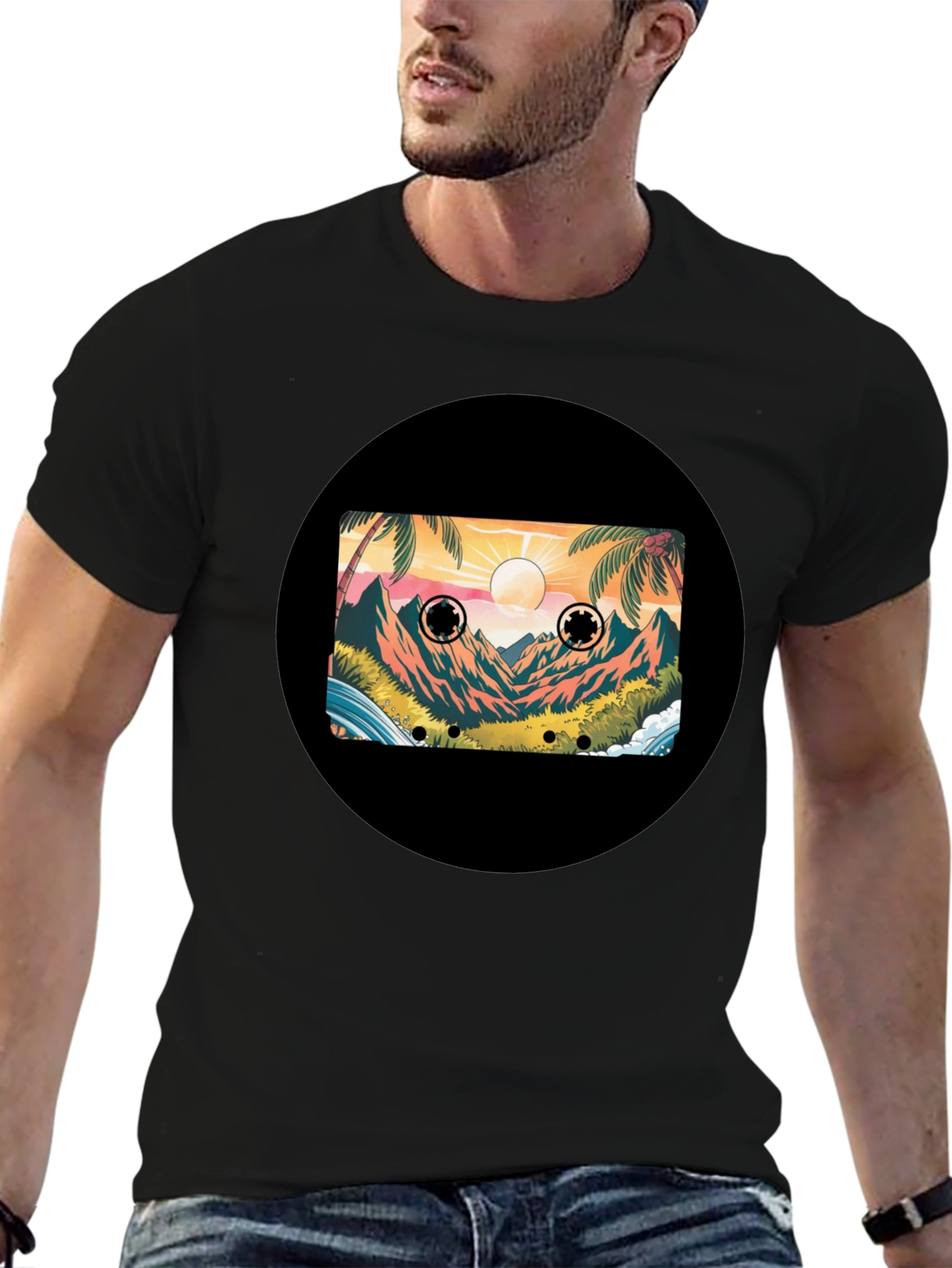 Retro Cassette Tape Beach Scene Black T-Shirt