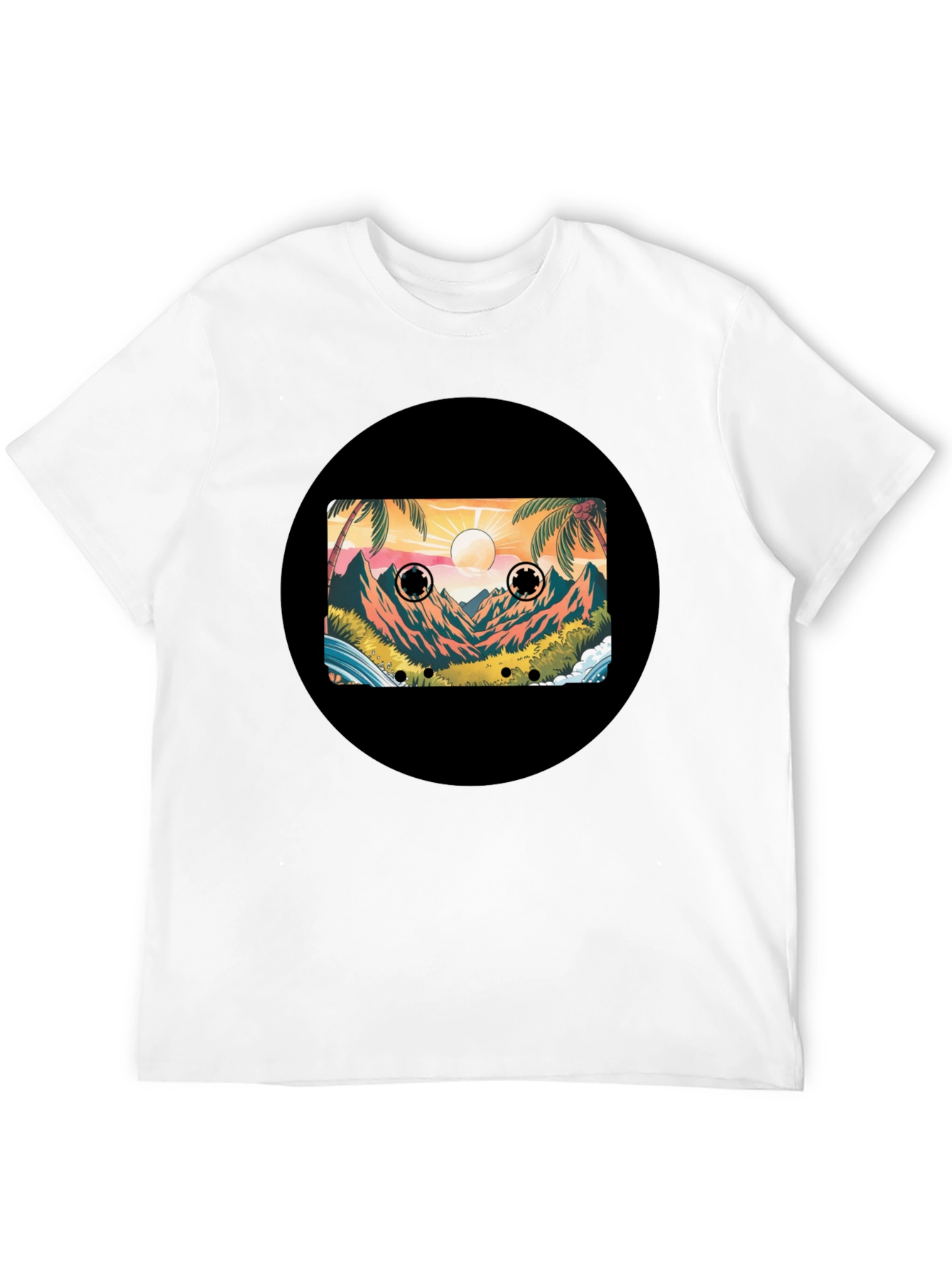Retro Cassette Tape Beach Scene Black T-Shirt