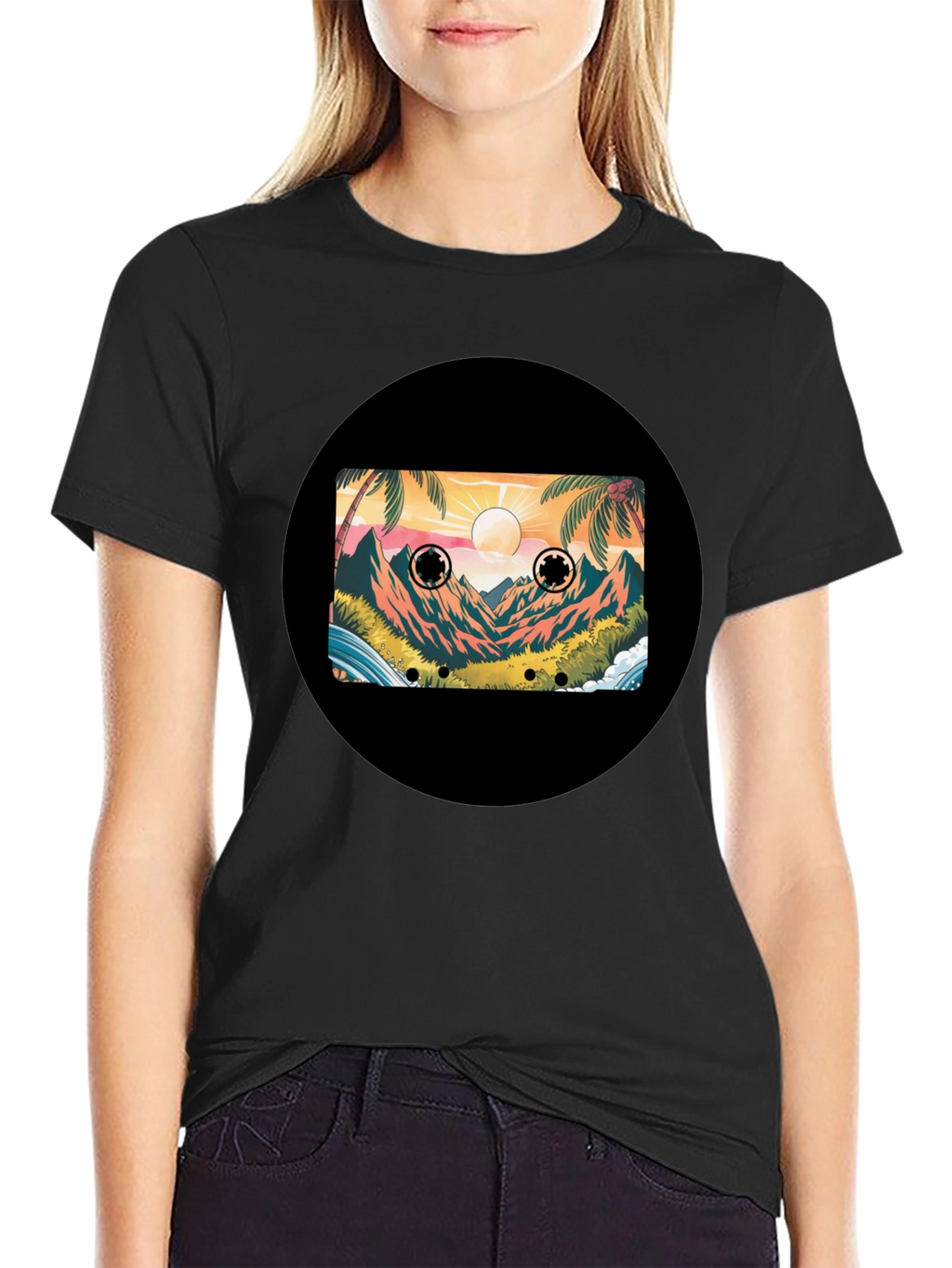 Retro Cassette Tape Beach Scene Black T-Shirt