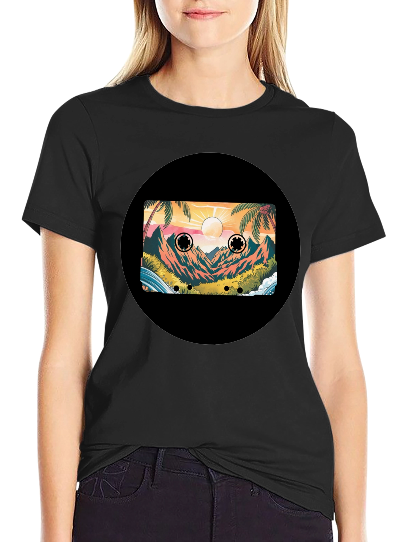 Retro Cassette Tape Beach Scene Black T-Shirt