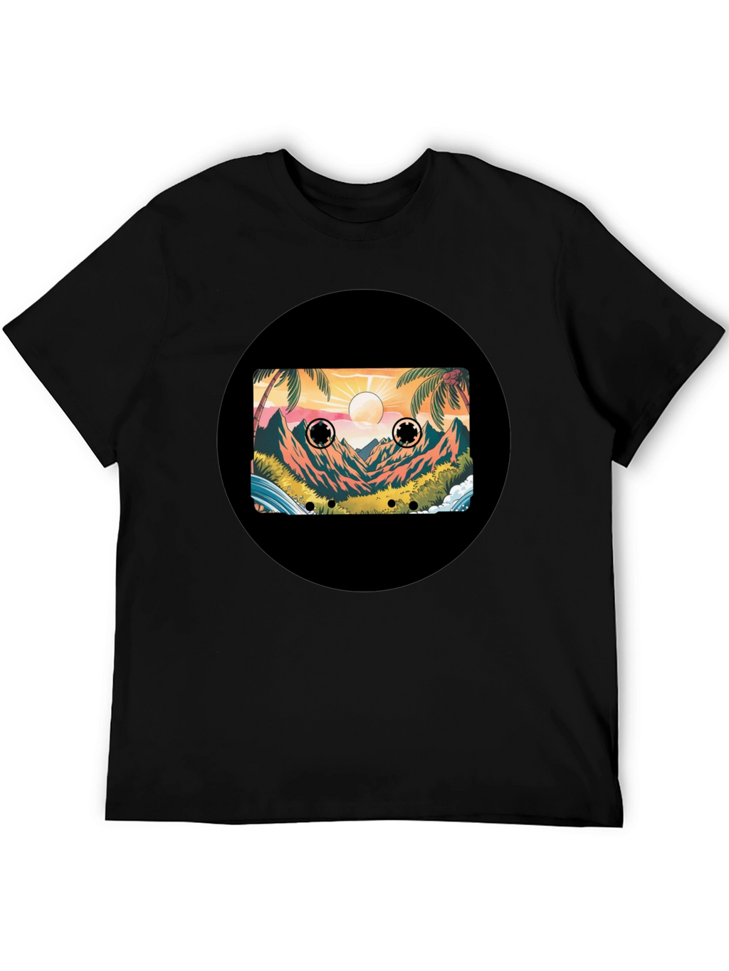 Retro Cassette Tape Beach Scene Black T-Shirt