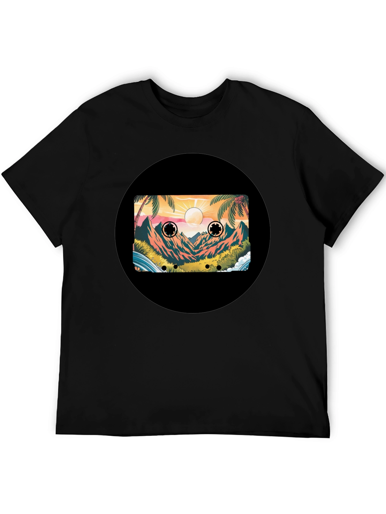 Retro Cassette Tape Beach Scene Black T-Shirt