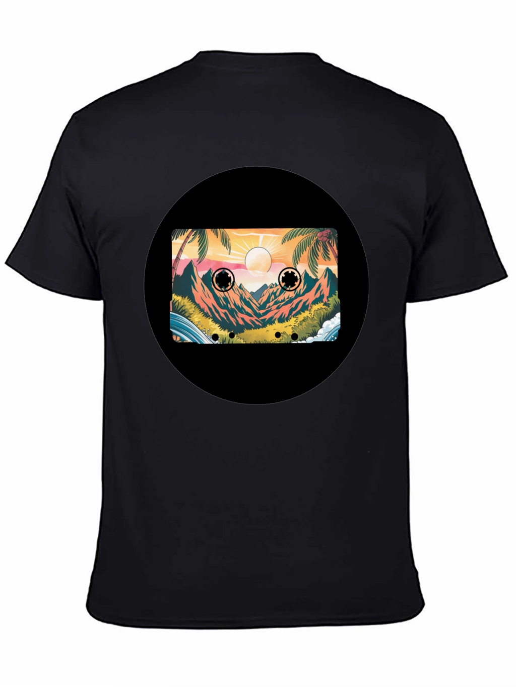 Retro Cassette Tape Beach Scene Black T-Shirt