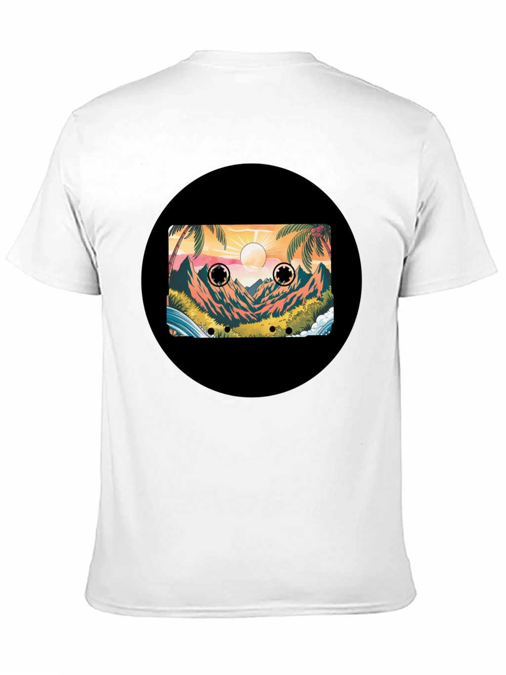 Retro Cassette Tape Beach Scene Black T-Shirt
