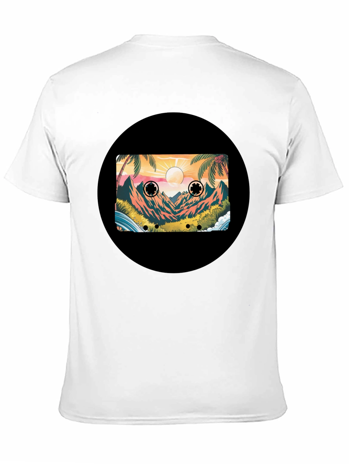 Retro Cassette Tape Beach Scene Black T-Shirt