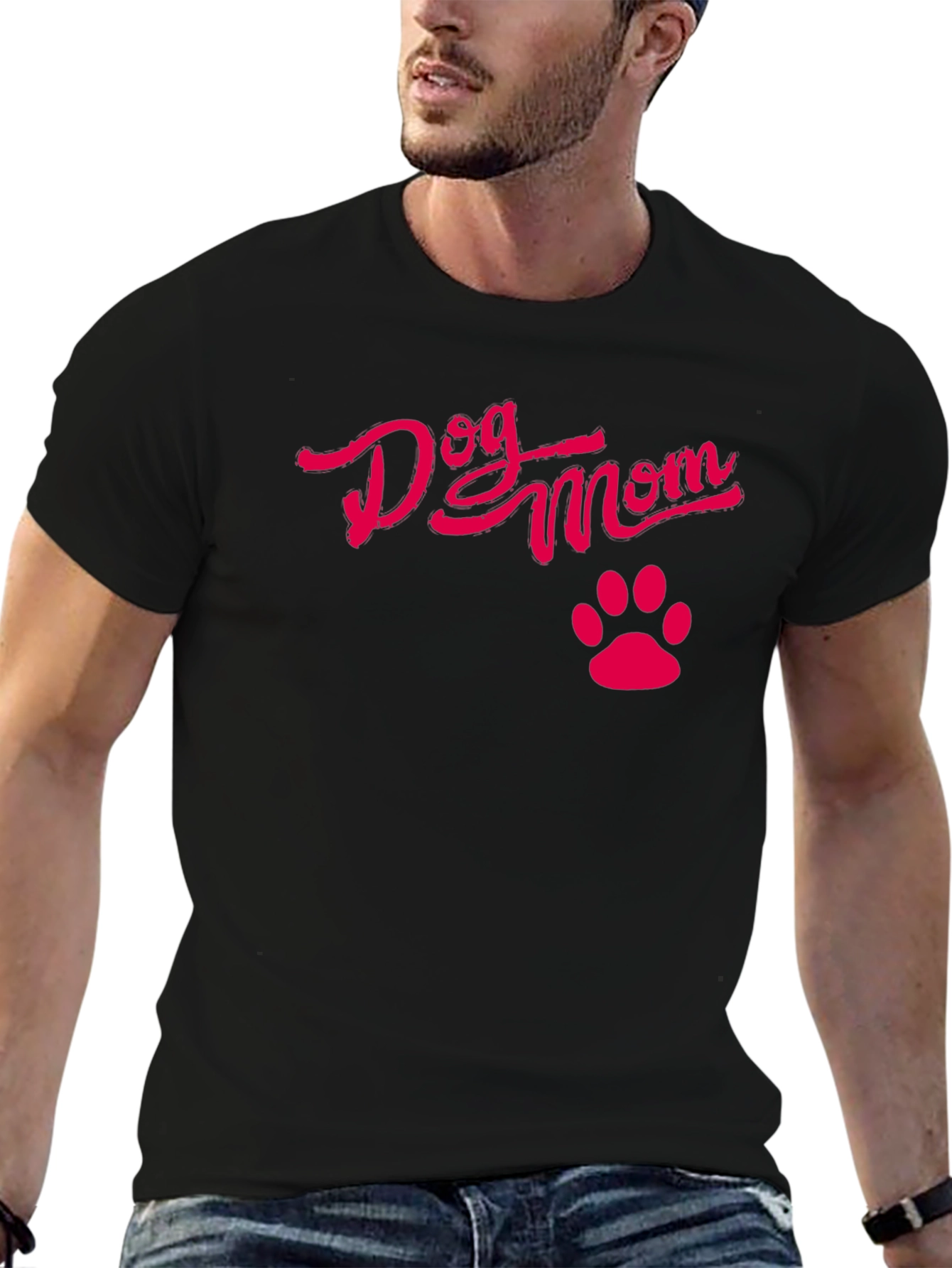 Dog Mom Black T-Shirt with Pink Paw Print