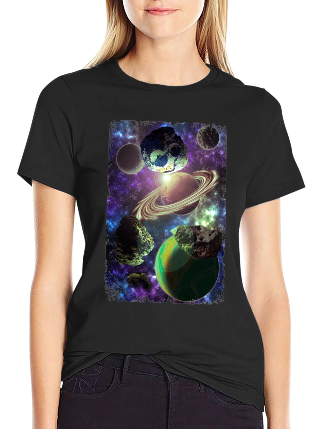 Cosmic Planets Graphic Print Black T-Shirt