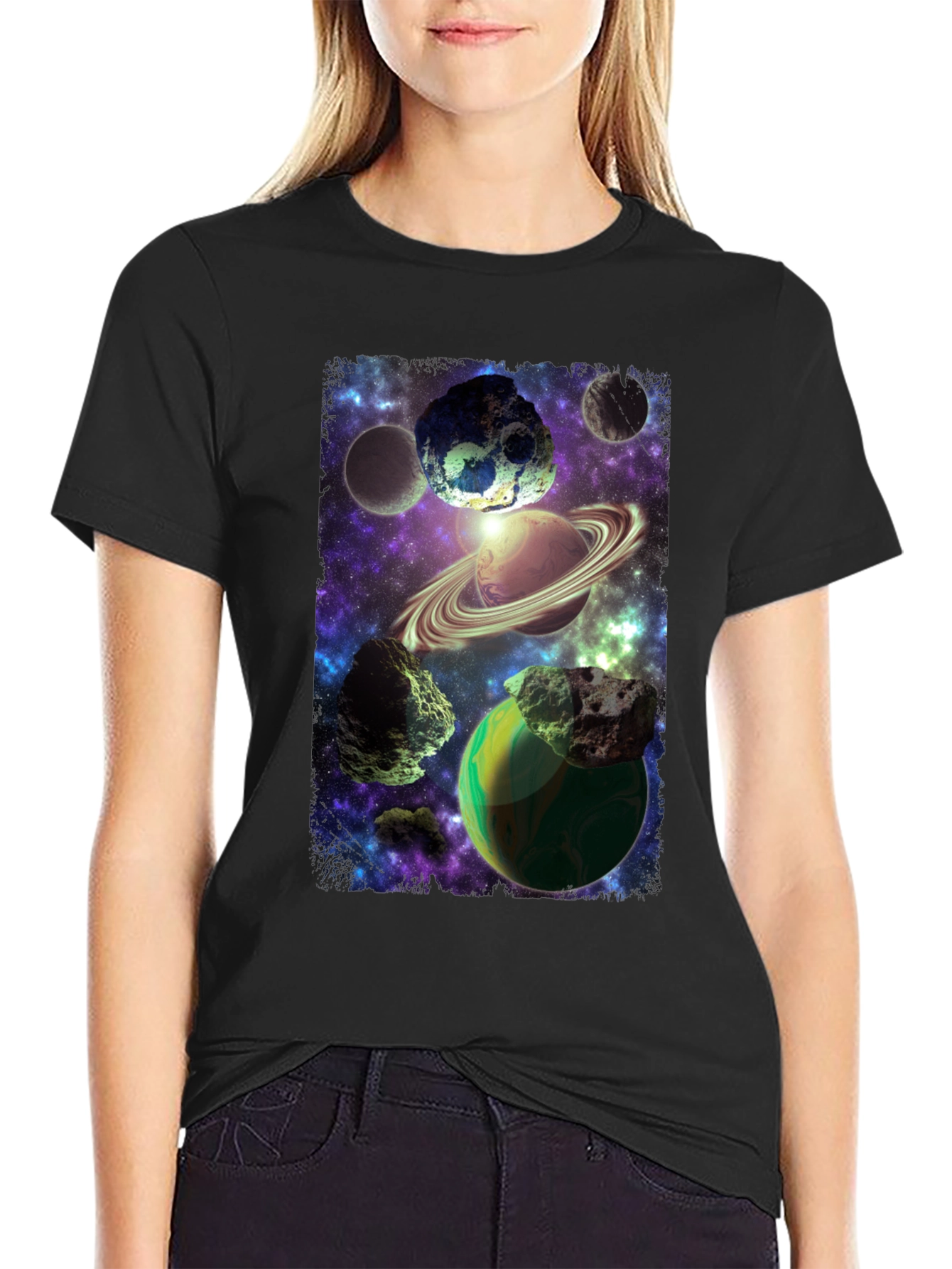 Cosmic Planets Graphic Print Black T-Shirt