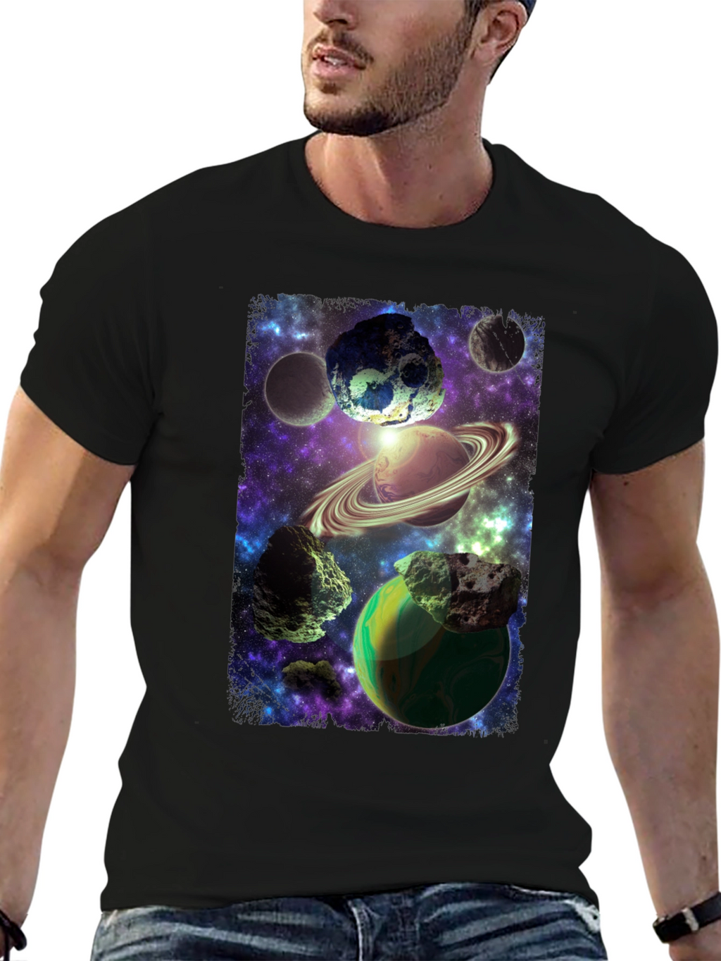 Cosmic Planets Graphic Print Black T-Shirt