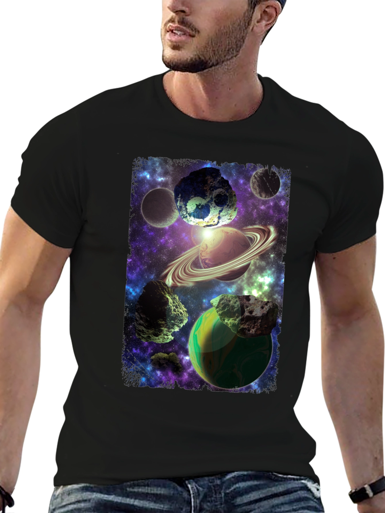 Cosmic Planets Graphic Print Black T-Shirt