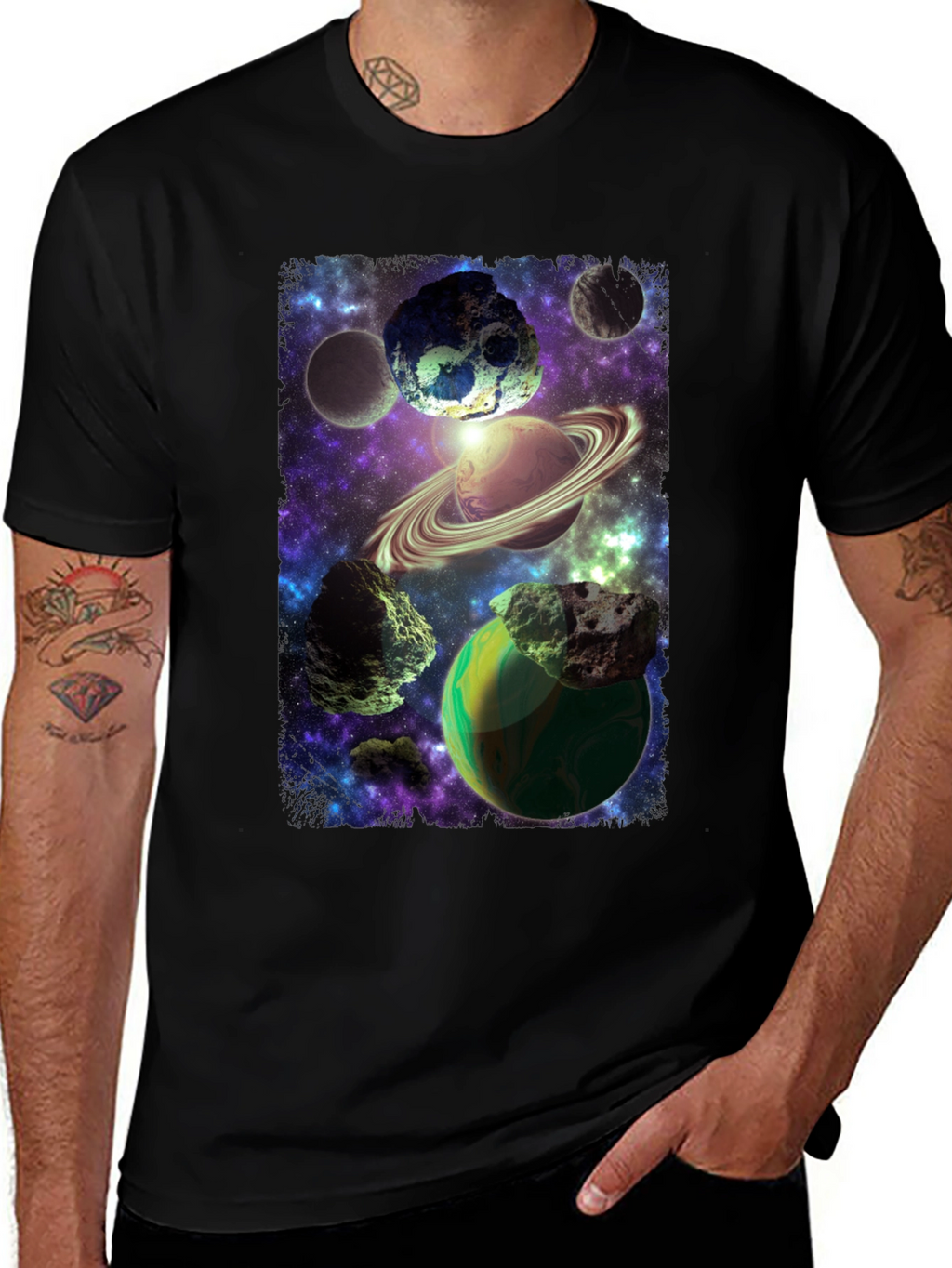 Cosmic Planets Graphic Print Black T-Shirt