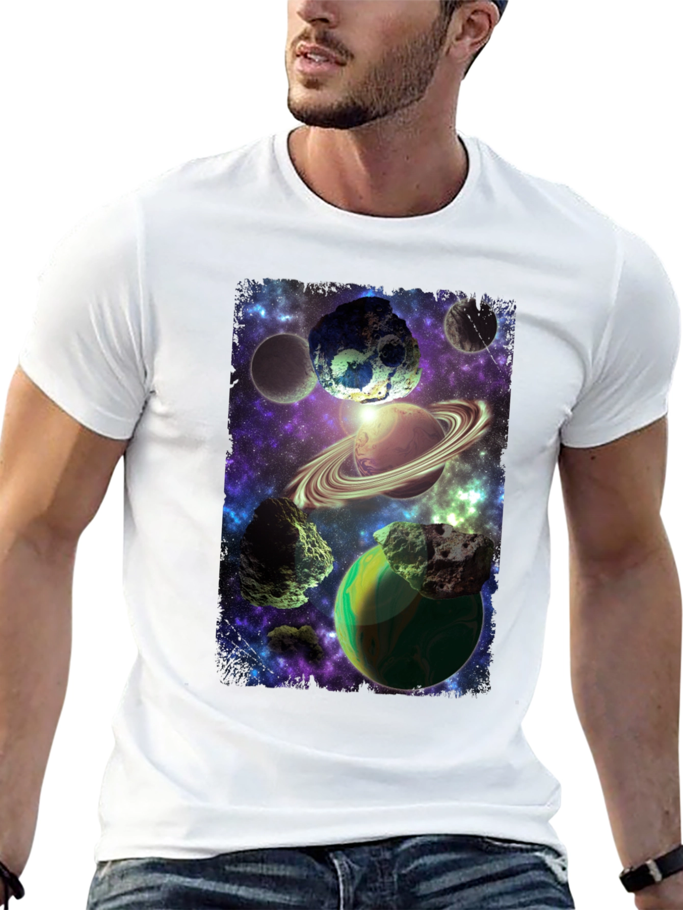 Cosmic Planets Graphic Print Black T-Shirt