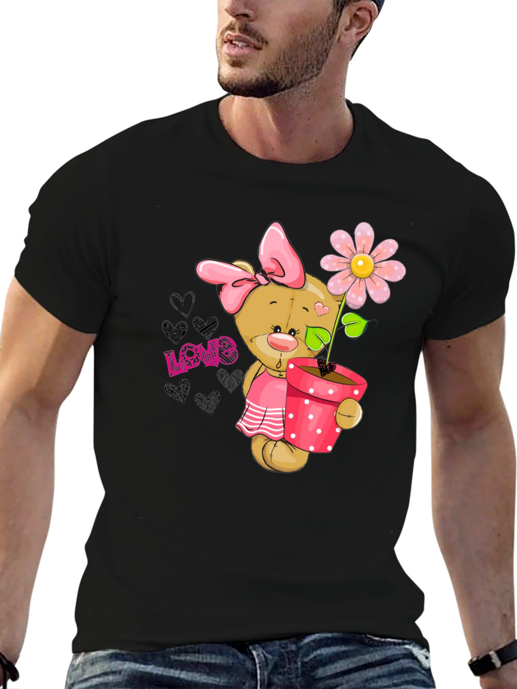 Cute Bear with Flower Pot Graphic Tee