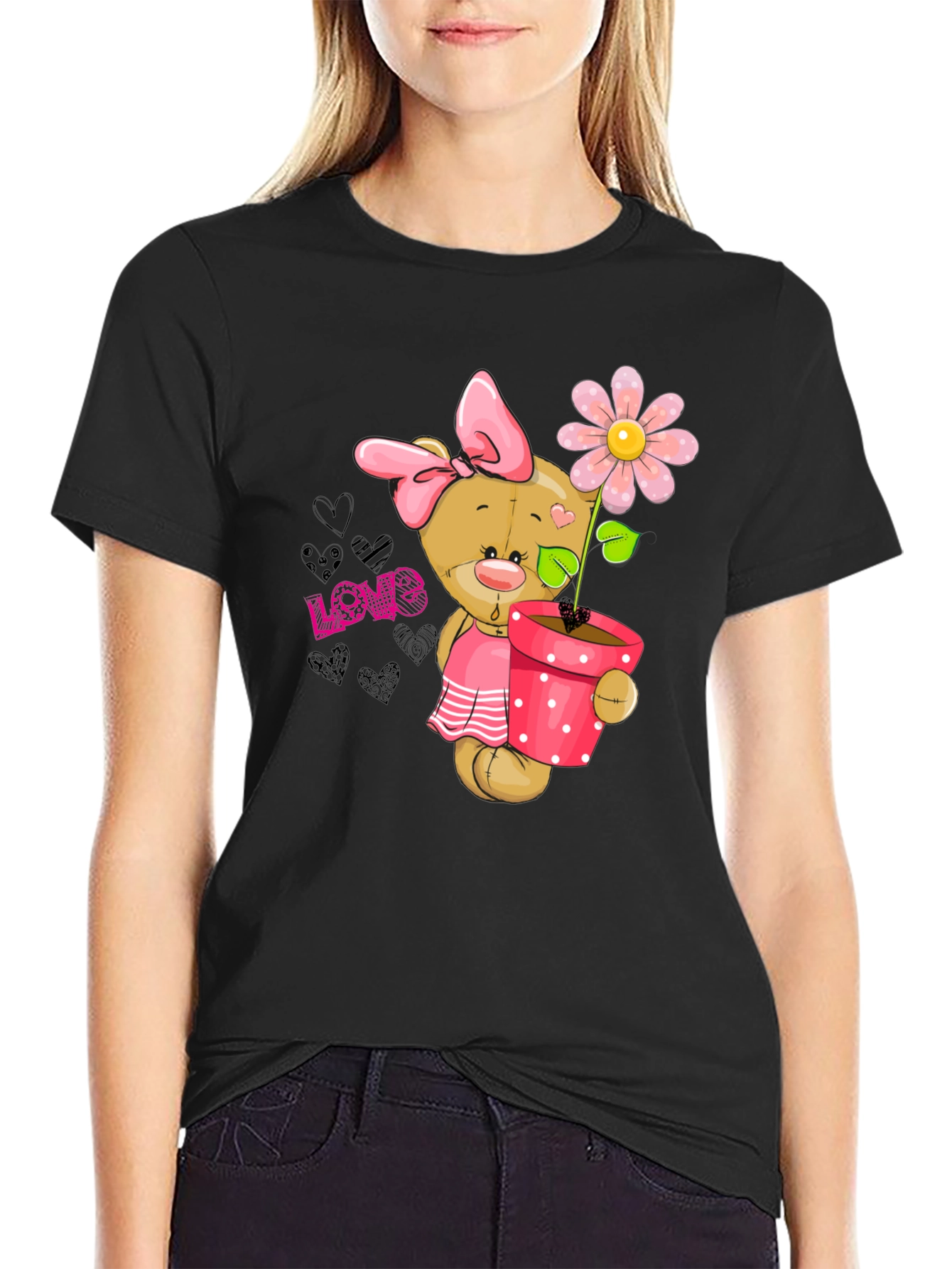 Cute Bear with Flower Pot Graphic Tee
