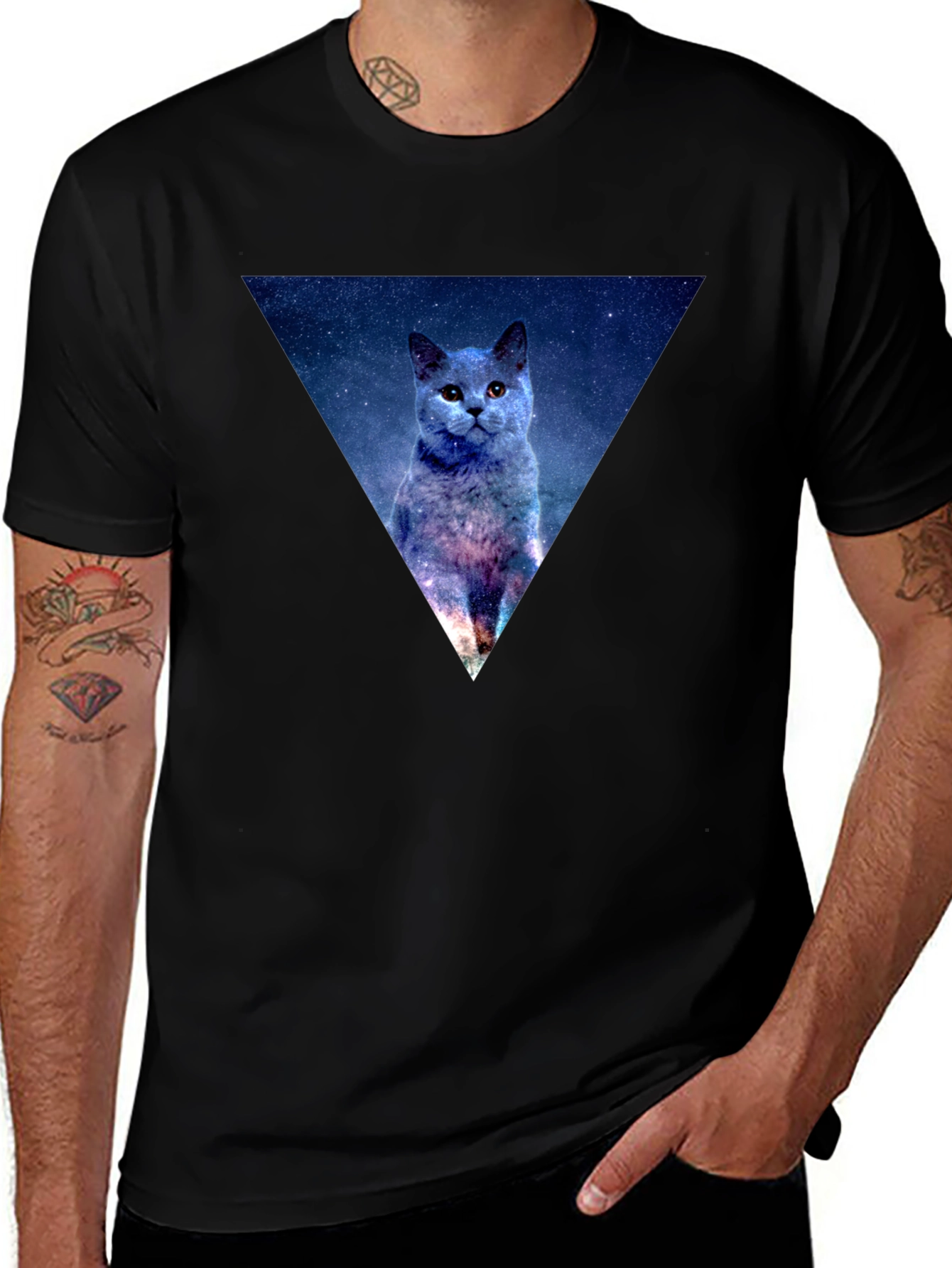 Galaxy Cat Triangle Mens Black T-Shirt