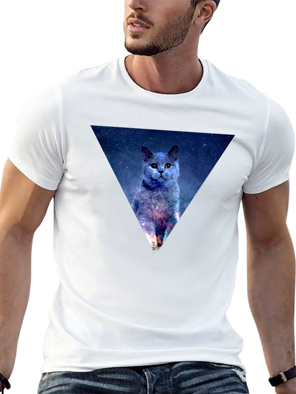 Galaxy Cat Triangle Mens Black T-Shirt