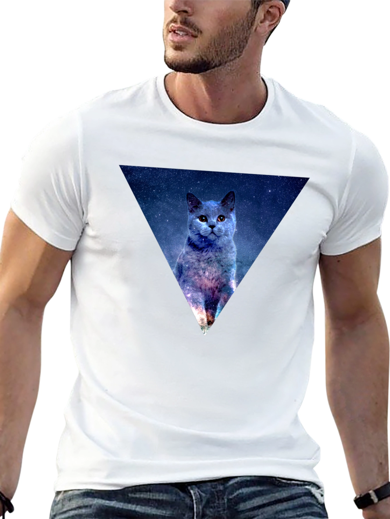 Galaxy Cat Triangle Mens Black T-Shirt