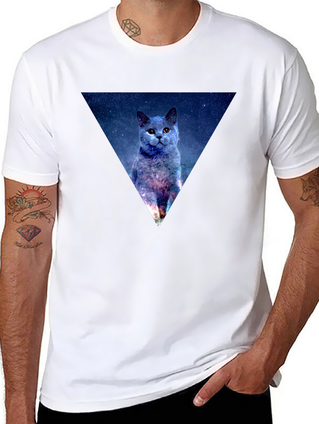 Galaxy Cat Triangle Mens Black T-Shirt