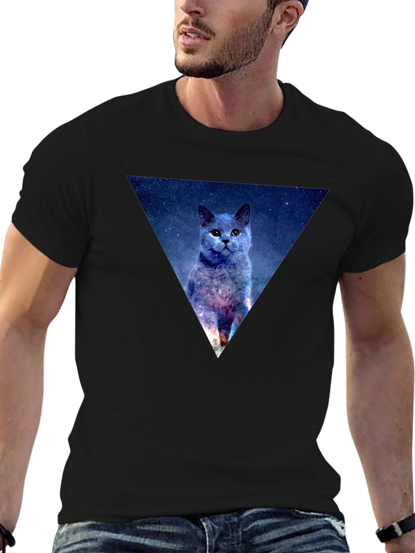 Galaxy Cat Triangle Mens Black T-Shirt
