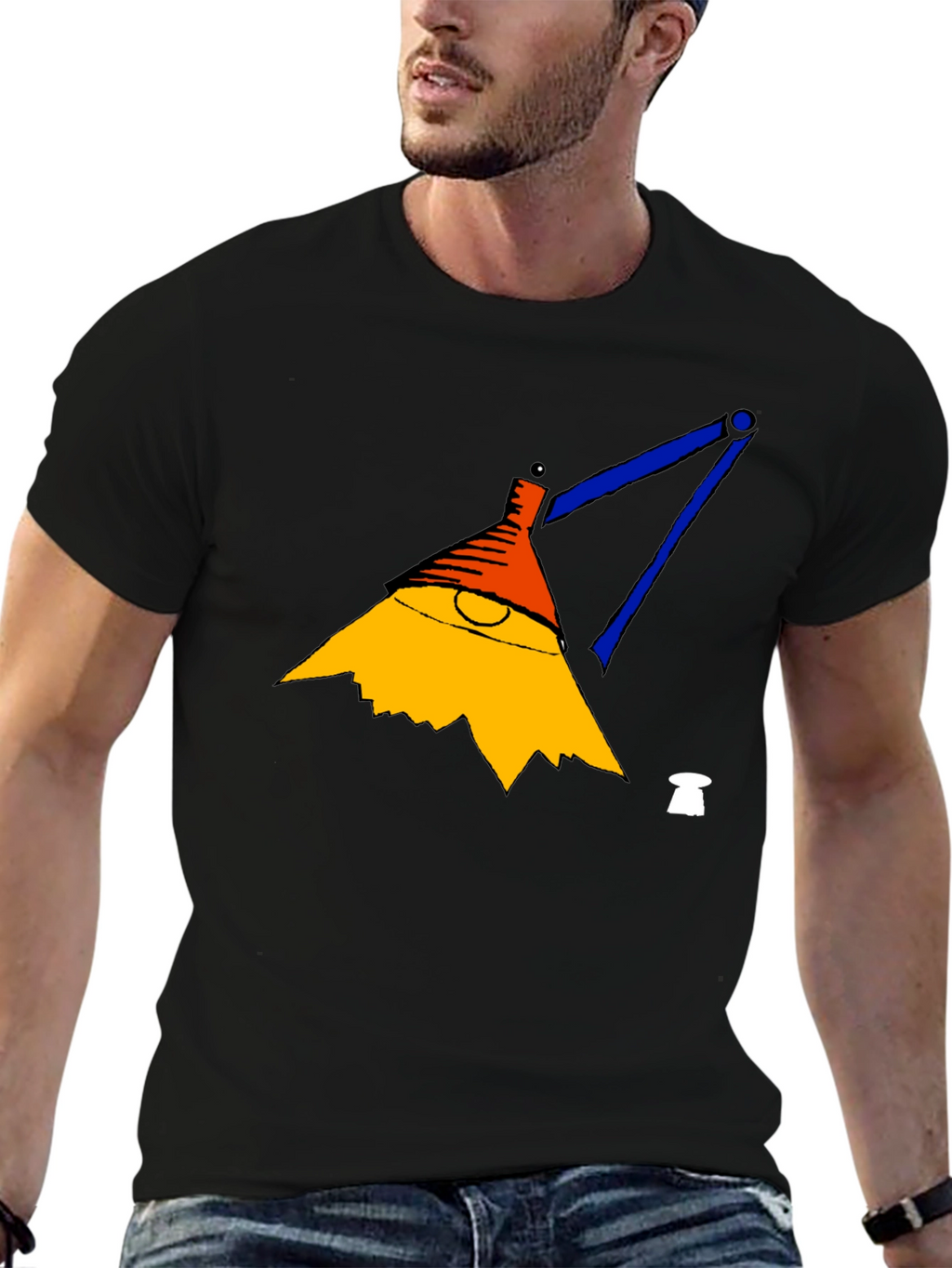 Mens Black T-Shirt with Cartoon Lamp Graphic