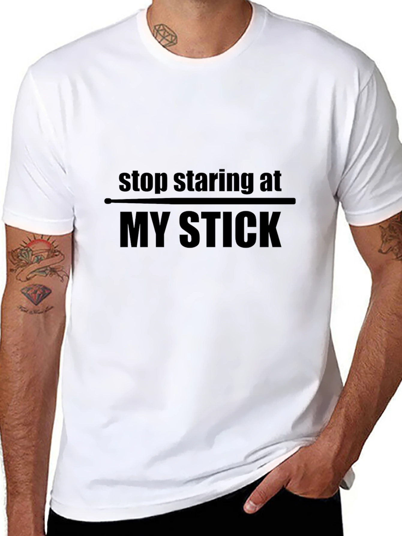 Funny Stop Staring at My Stick Black T-Shirt