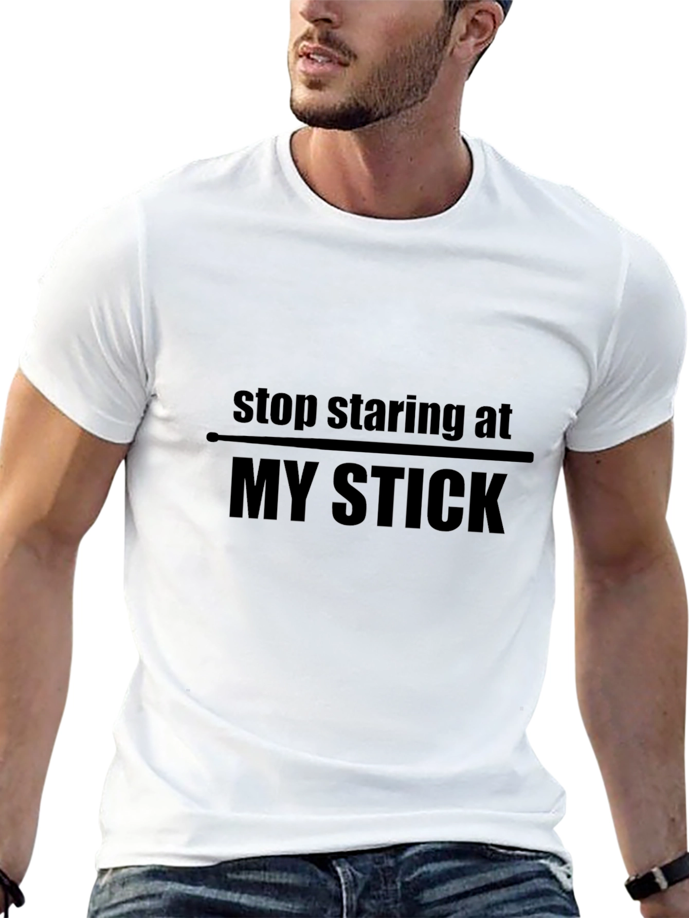 Funny Stop Staring at My Stick Black T-Shirt