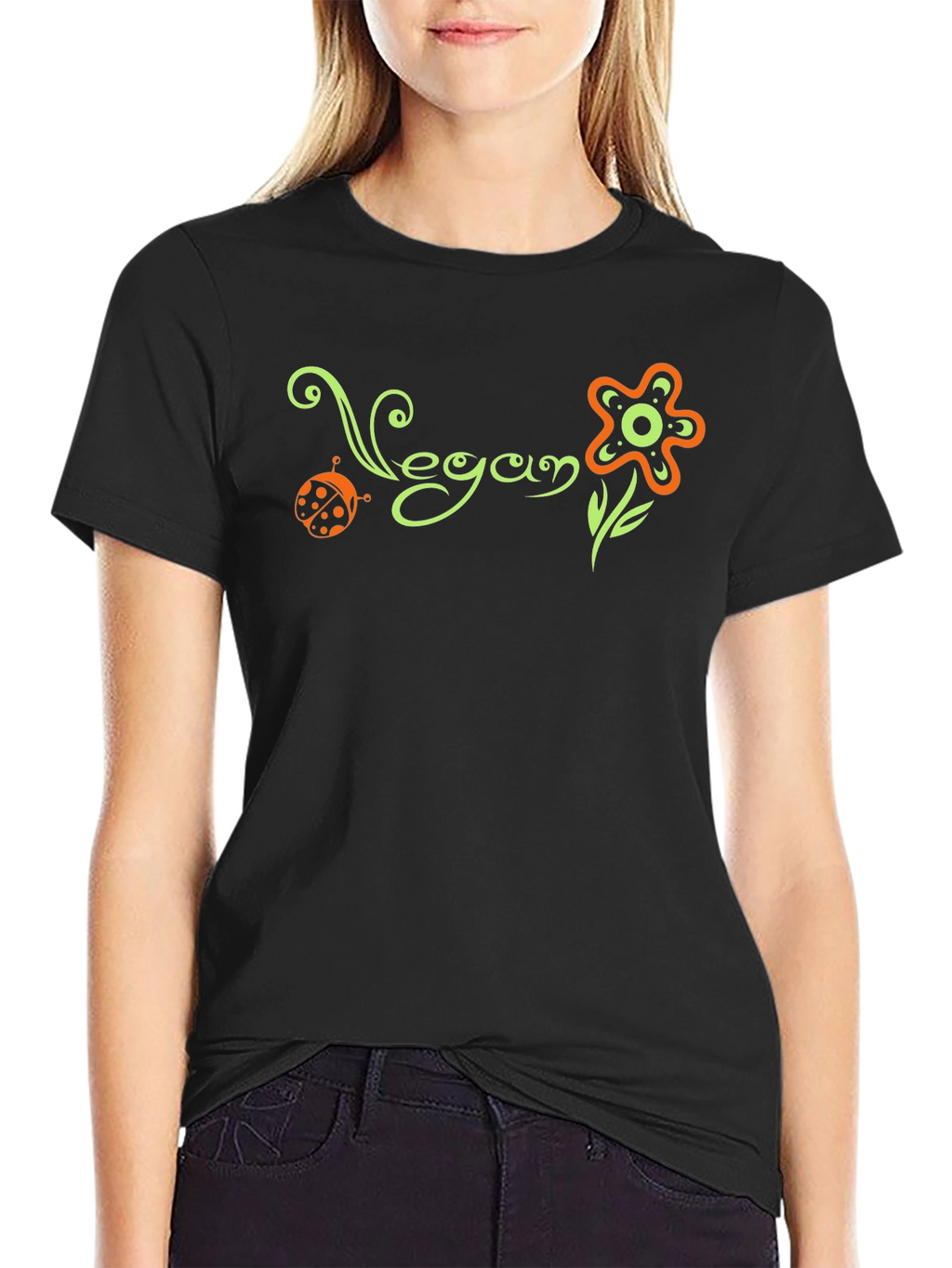 Vegan Flower Graphic Tee - Black Cotton T-Shirt