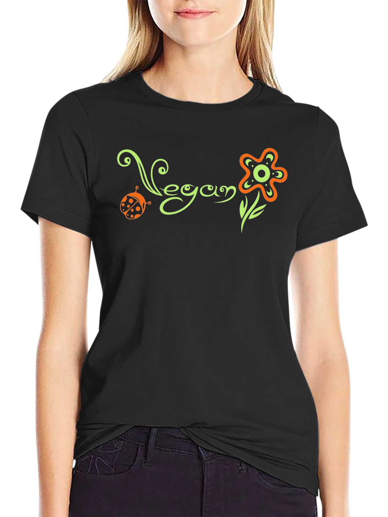 Vegan Flower Graphic Tee - Black Cotton T-Shirt